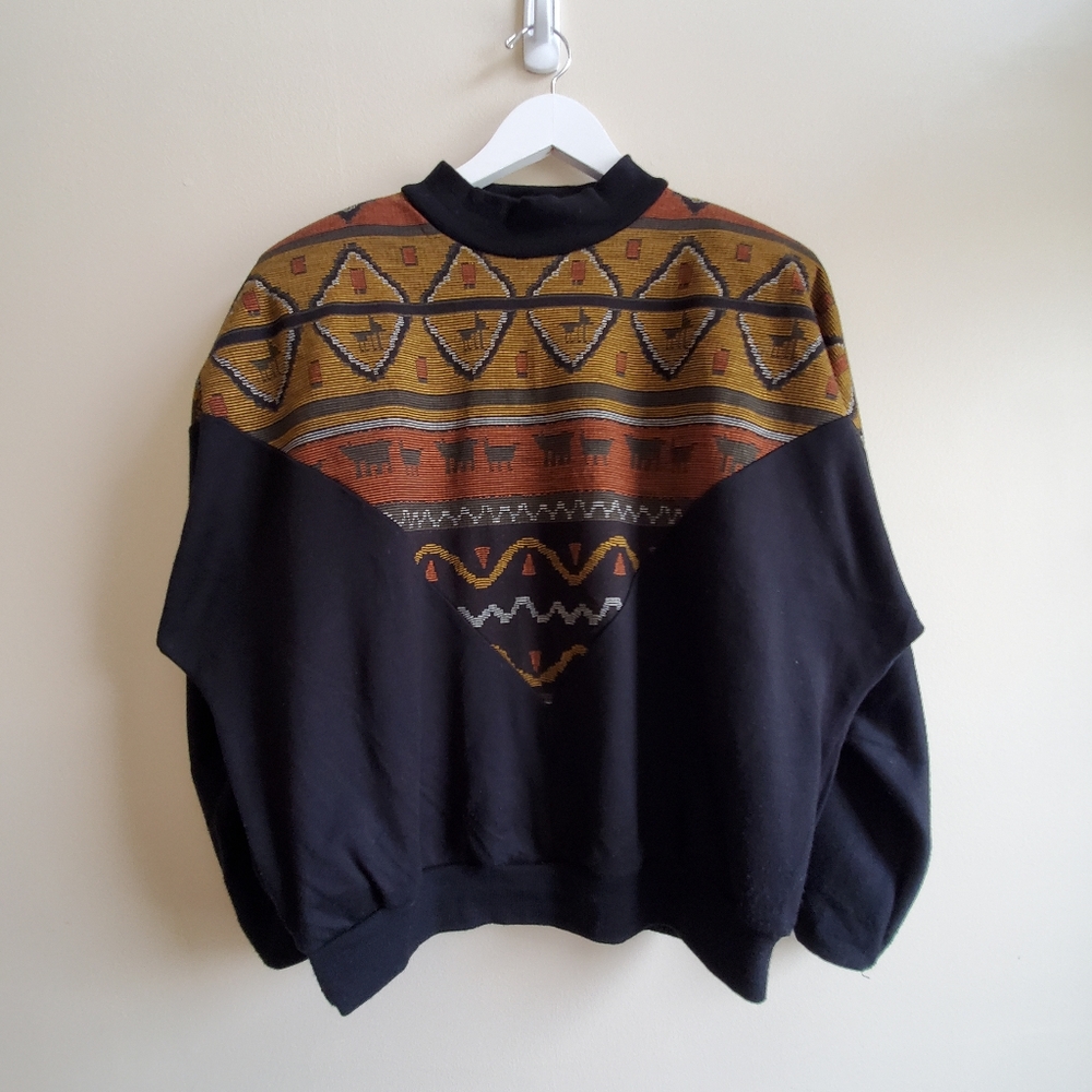Vintage Geometric Pattern Sweatshirt - Black and Brown